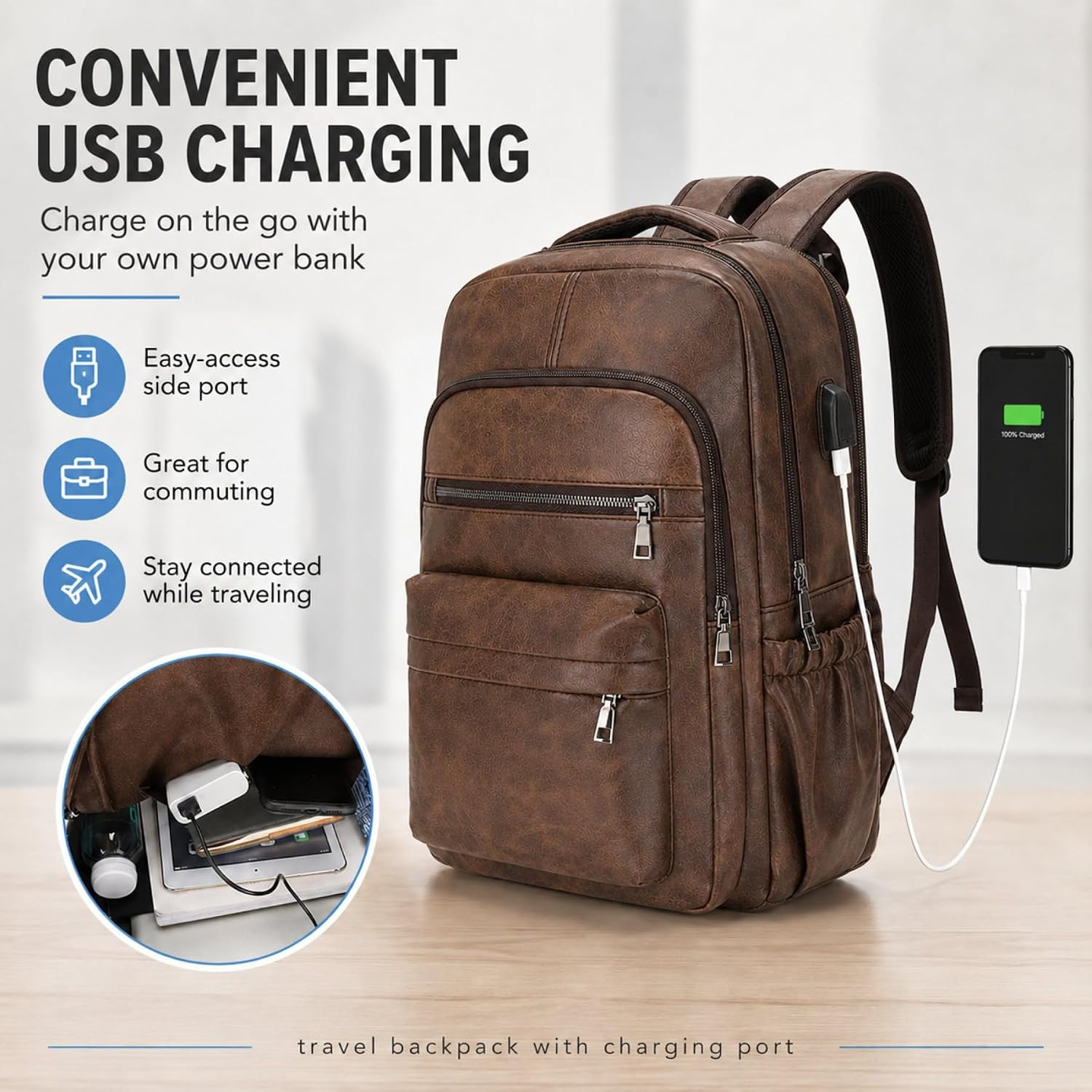 Mens Leather 16.1 Inch Laptop Bag Travel Casual Computer Backpack College Busine