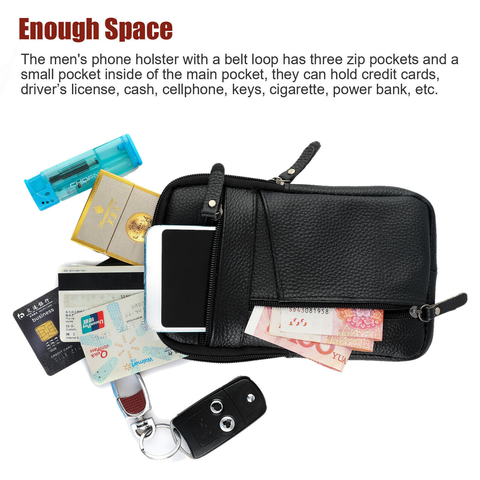 Leather Men Cell Phone Loop Belt Bag Waist Holster Pack Shoulder Pouch Crossbody
