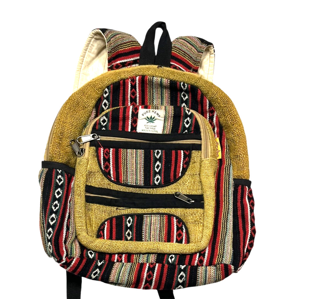 100% PURE HEMP x NEPAL-MADE Colorful/Brown THC-FREE BACKPACK HIke Travel Gym Bag