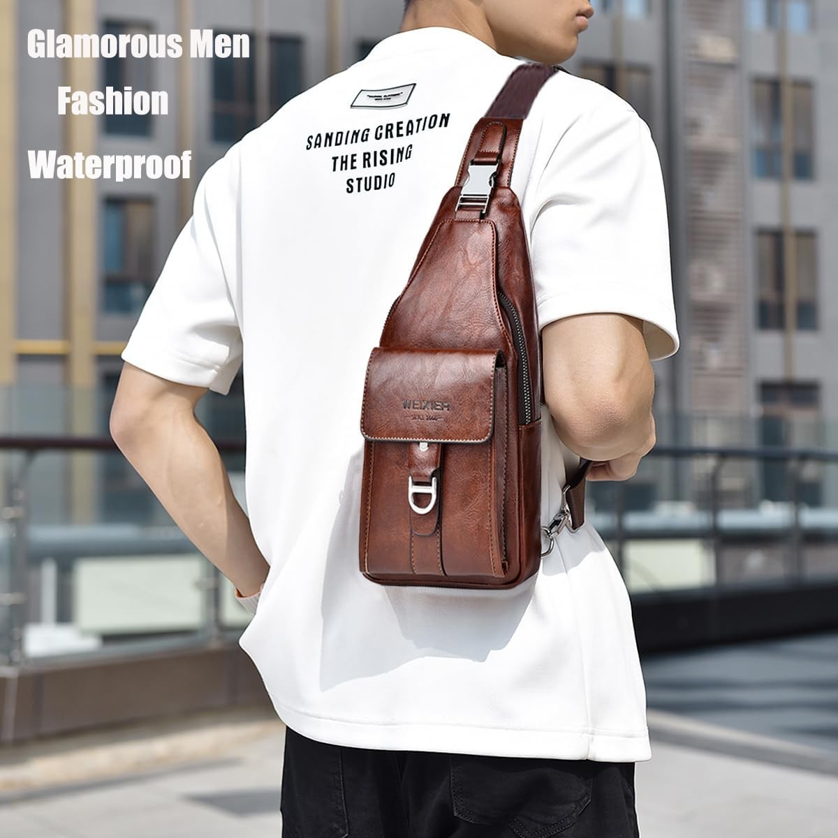 Sling Bag for Men PU Leather Waterproof Crossbody Chest Pack Hiking Cycling