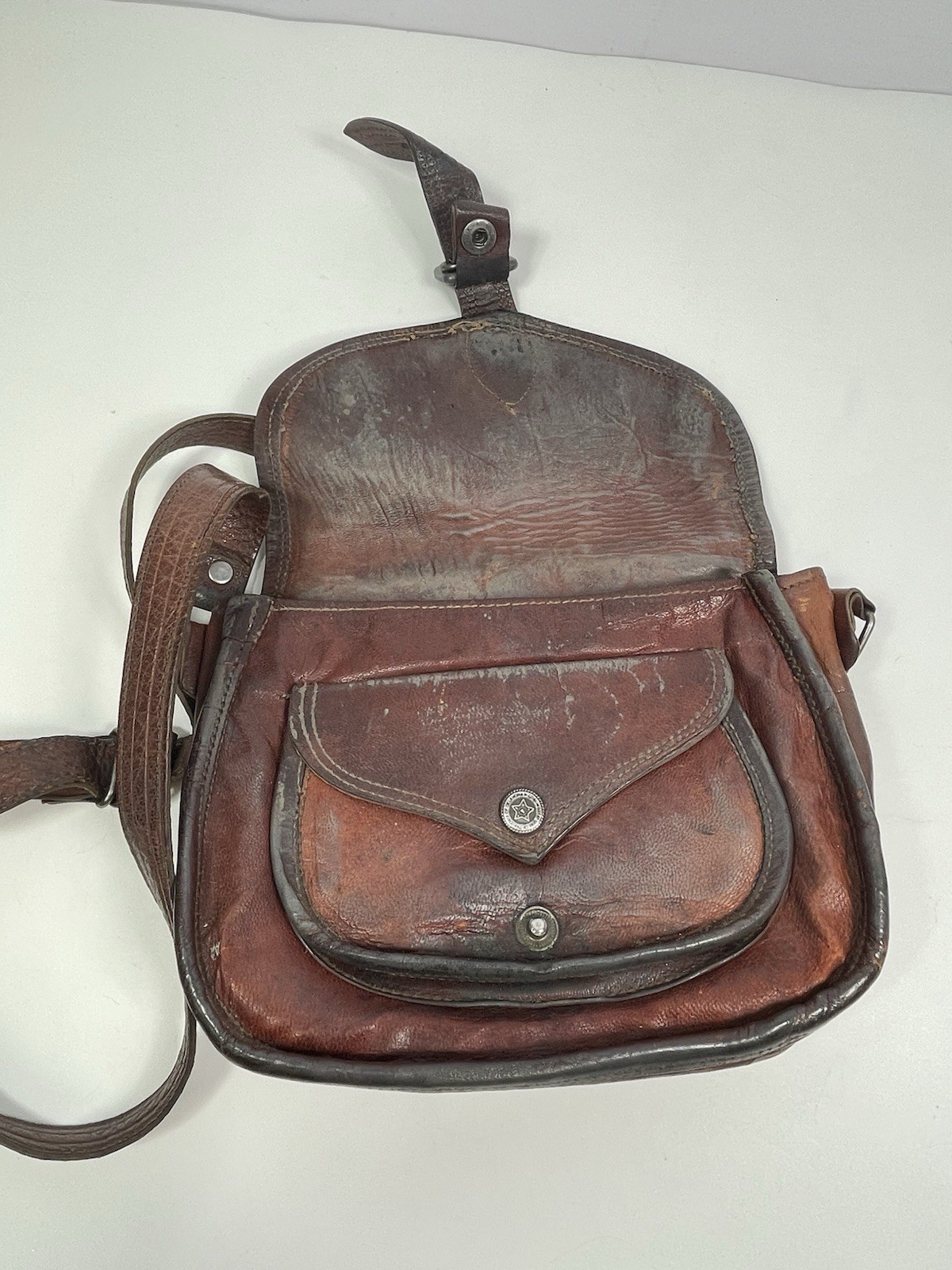Vintage Leather Messenger Bag TTK Shoulder Strap Brown Zipper & Button Closure