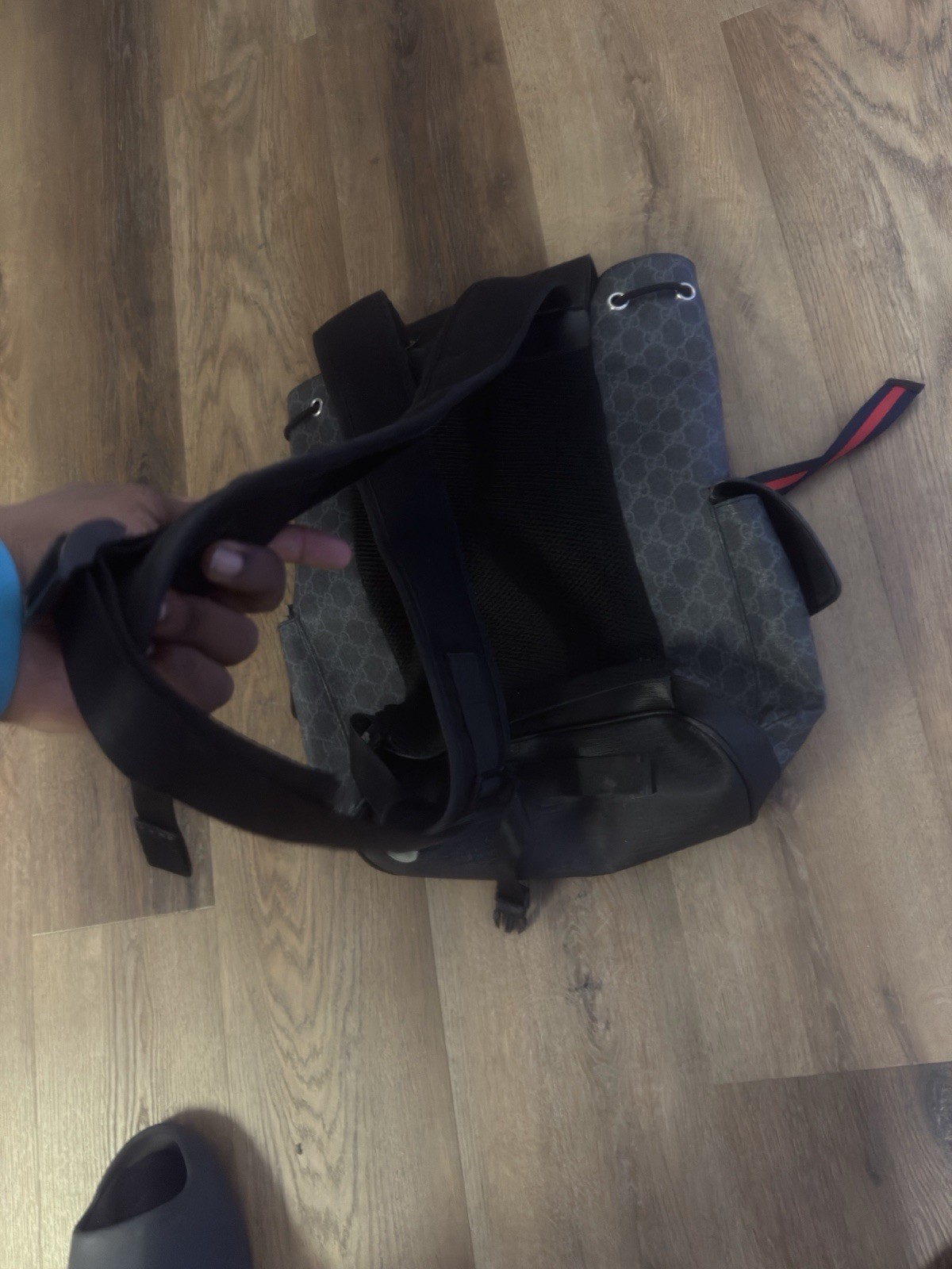 Men’s Gucci Backpack Gray Black Red, Adjustable Straps Pockets