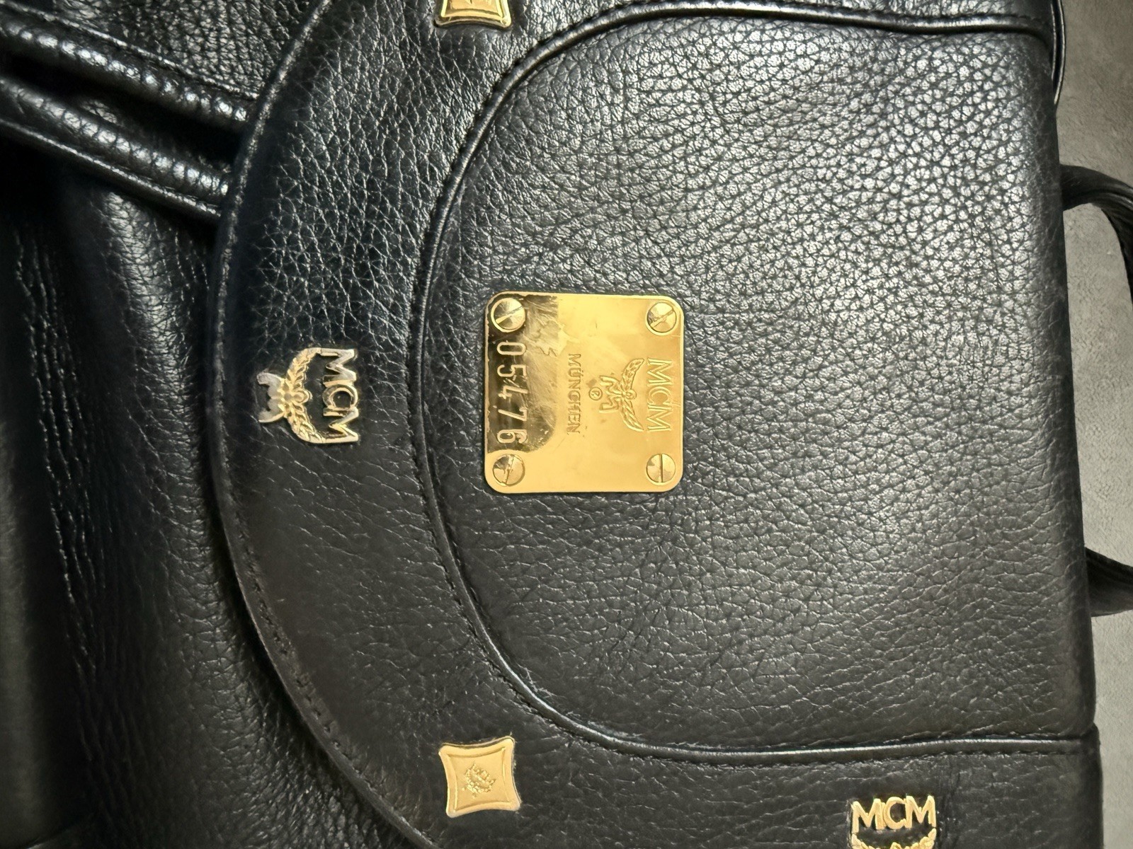 Authentic MCM Black Leather Studded Backpack Medium Drawstring Gold Hardware