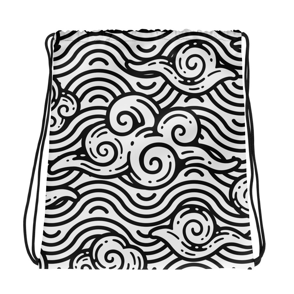 Auspicious Clouds Drawstring Bag Minimalist Polyester Chinese Black and White
