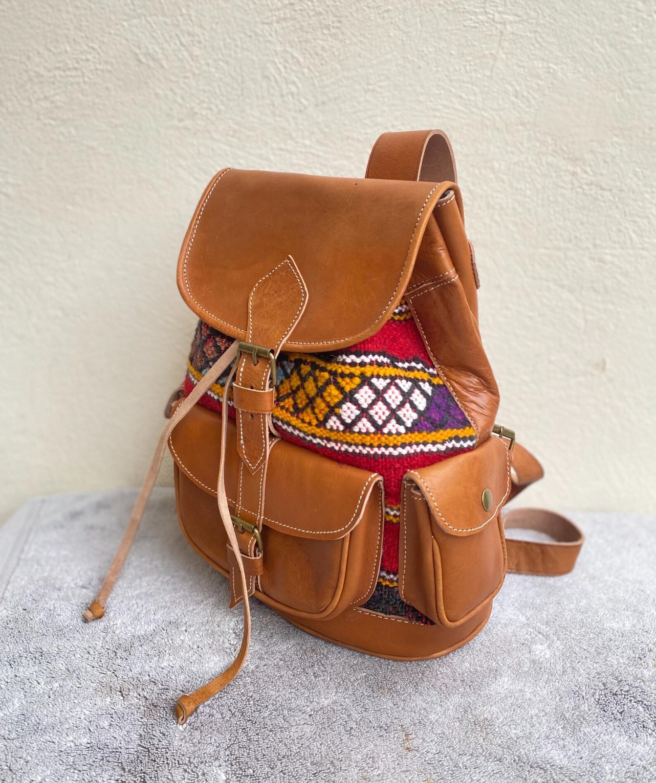 Handmade Genuine Leather & Kilim Backpack – Moroccan Artisan Backpack 40×28 cm