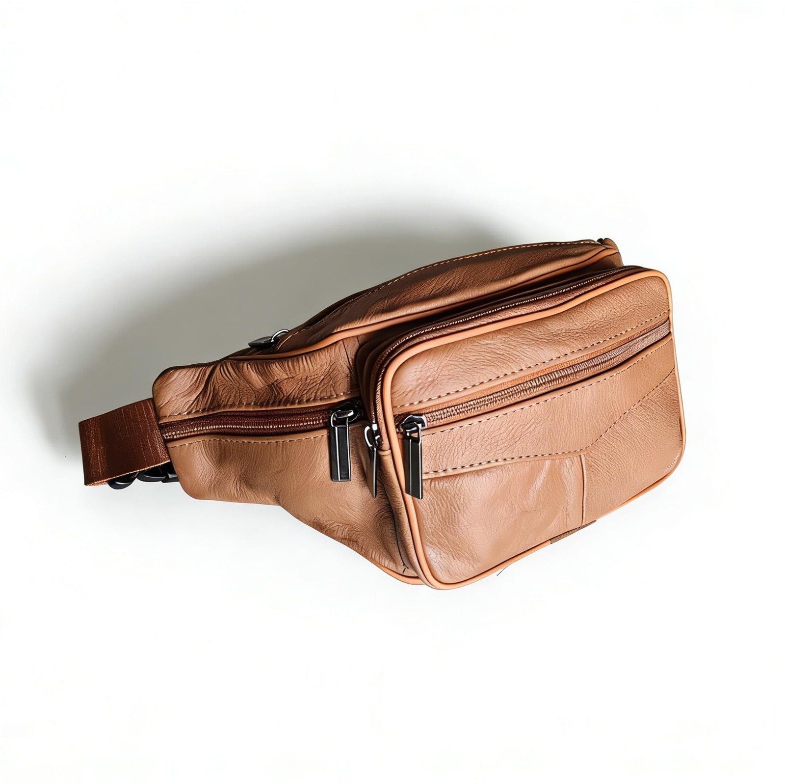 large 6 Pockets Leather Fanny Pack Travel XX-Large, Light brown 2025 model
