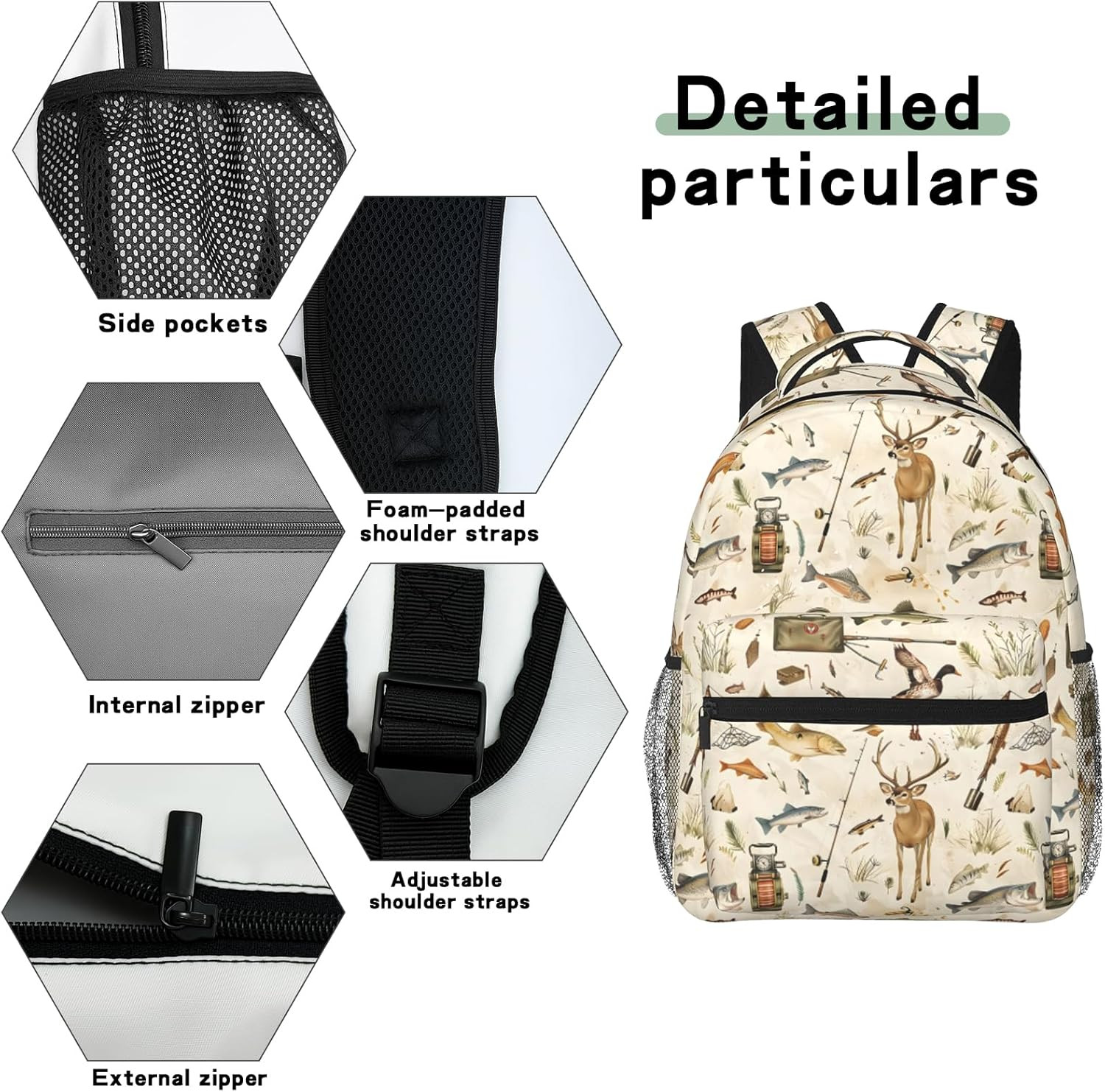 Outdoor Adventure Casual Backpack, Lightweight Laptop Bag Daypack, Deer Fish and