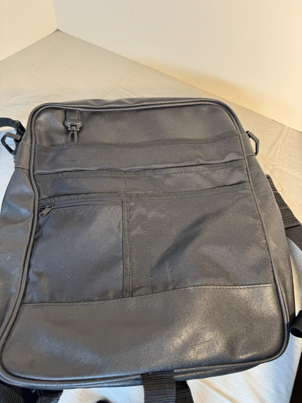 Solid Black leather messenger bag With Inside Pockets And Back Pack Handles