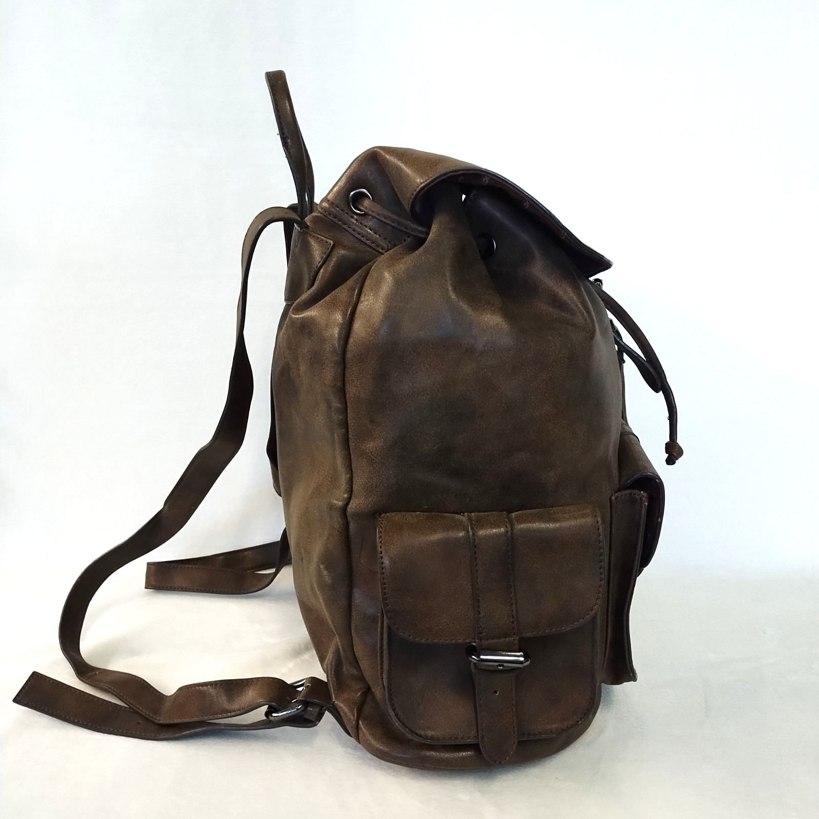 ALDO Brown Faux Leather Bucket Drawstring Backpack Buckle Top Sides GUC