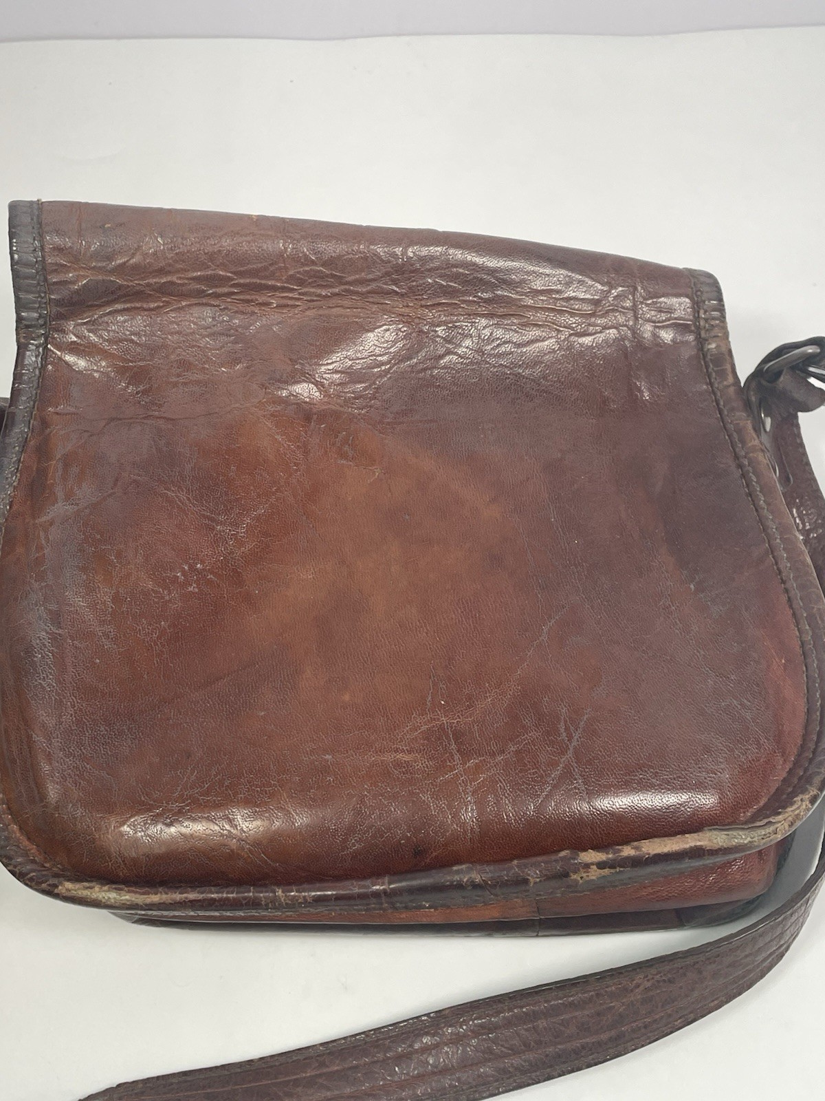 Vintage Leather Messenger Bag TTK Shoulder Strap Brown Zipper & Button Closure