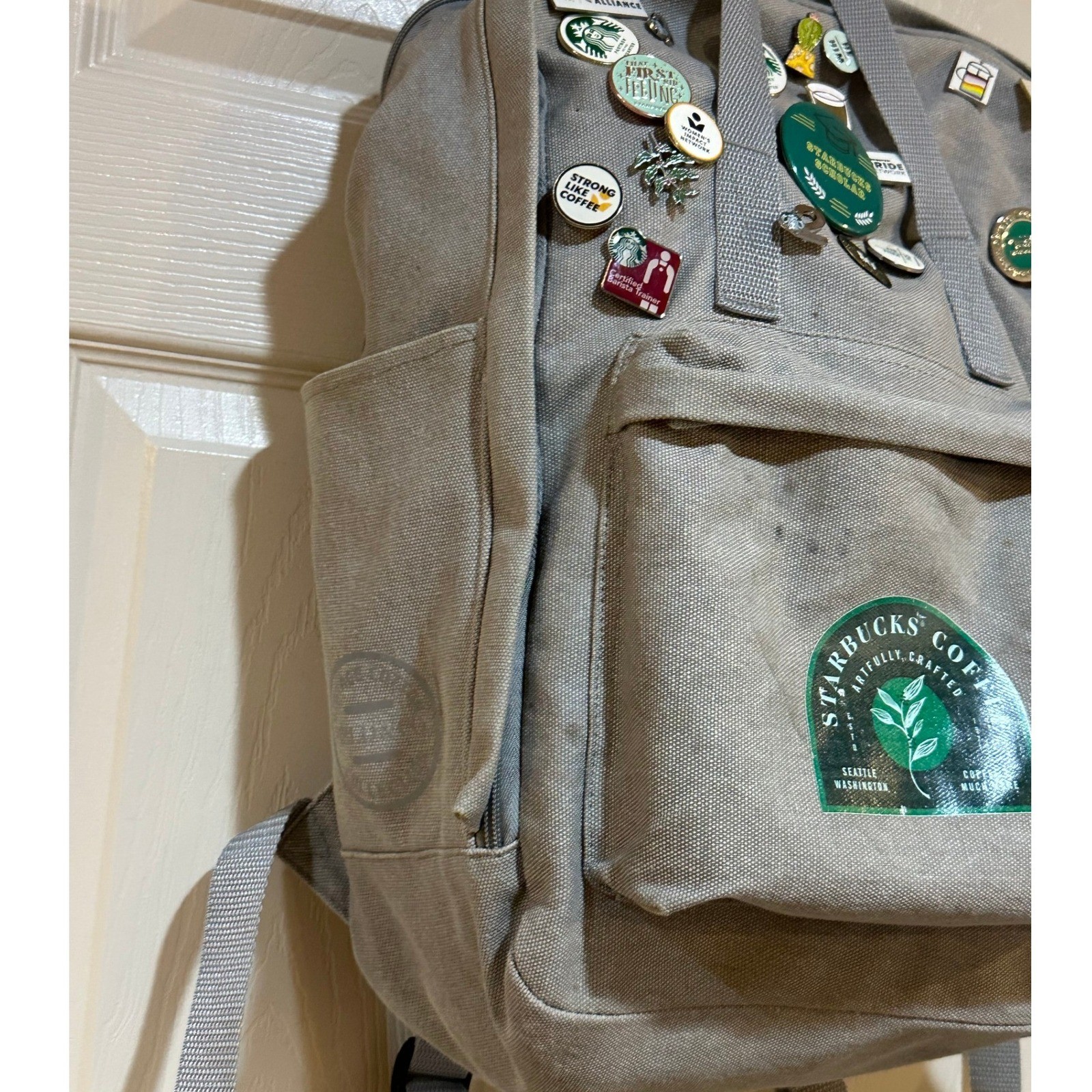 Starbucks Coffee Gray Canvas Backpack with Assorted Enamel Partner Pins Bundle
