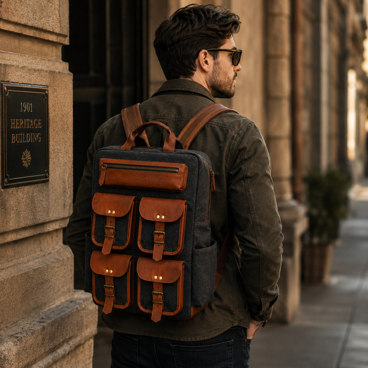 Durable Canvas & Leather Rucksack 18″ Multi-Pocket Travel Shoulder Backpack
