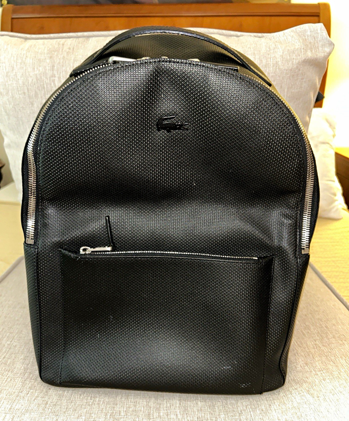 Lacoste Men’s Black Backpack Zip Closure w/ Front Zip Pocket, Adjustable Strap