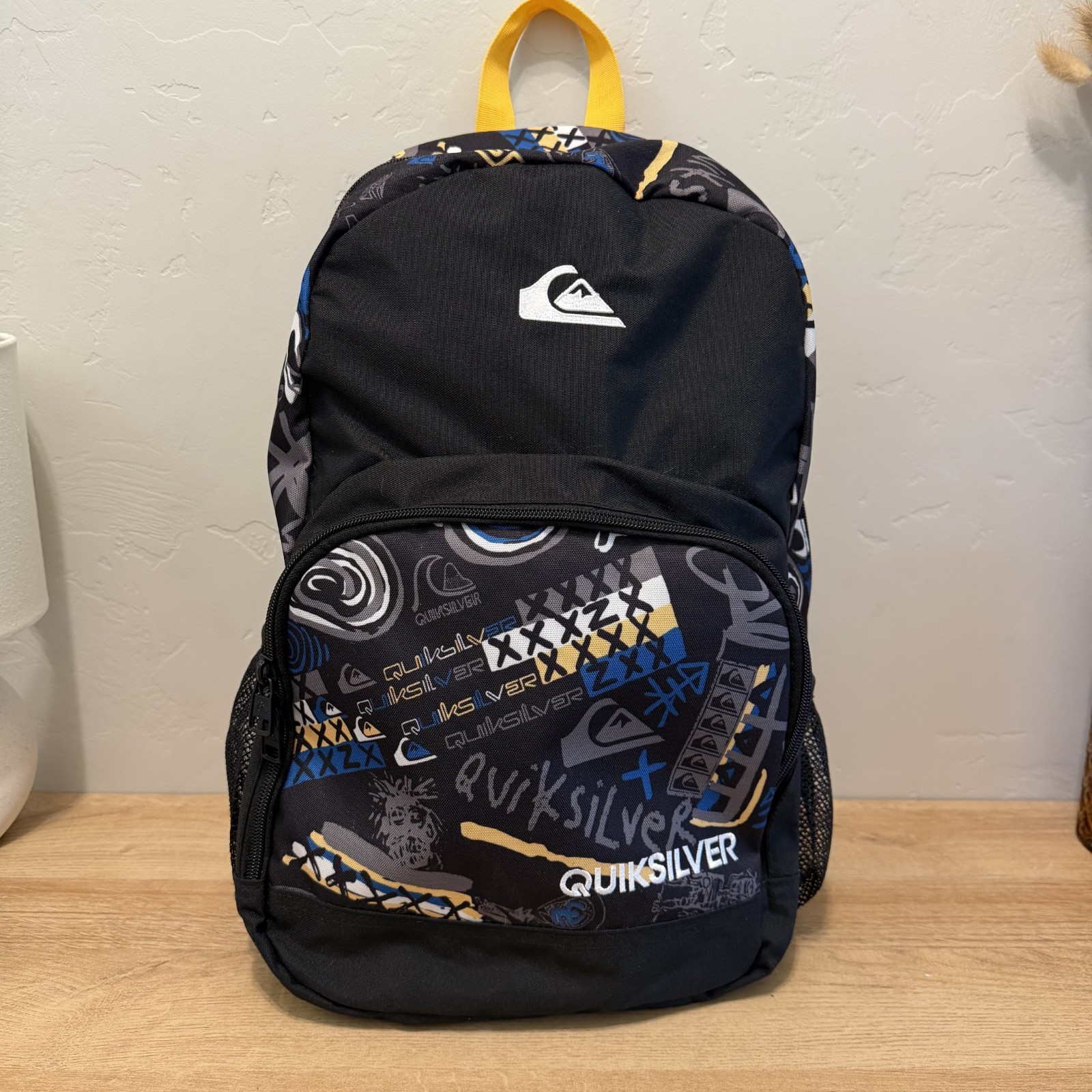 Quiksilver Backpack Y2K Style Skate Surf Graphic Black Blue School Bag