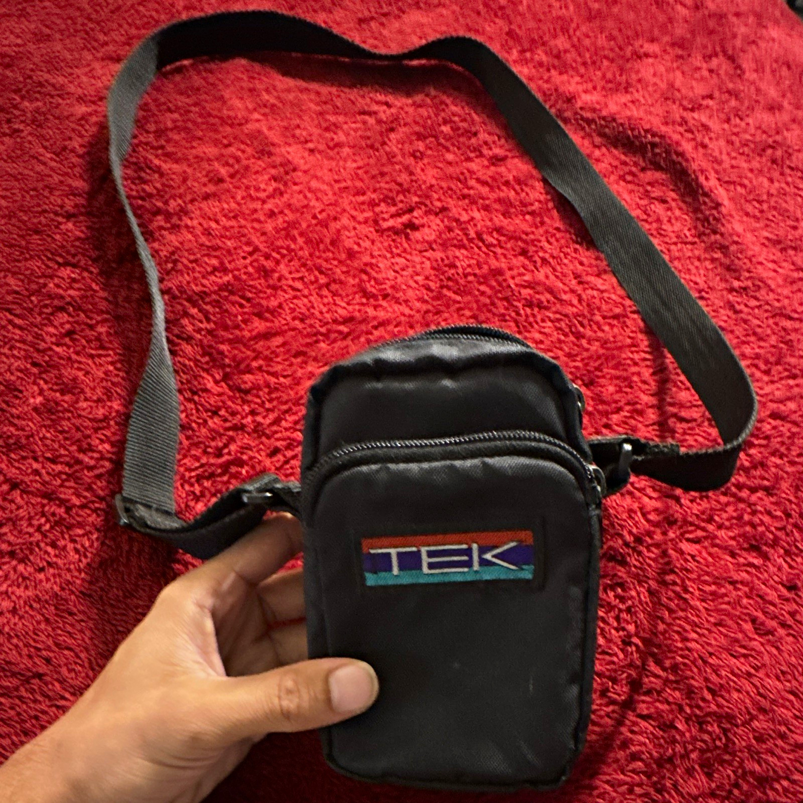 TEK Black Small Crossbody Shoulder Bag Zip Pouch w/ Adjustable Strap