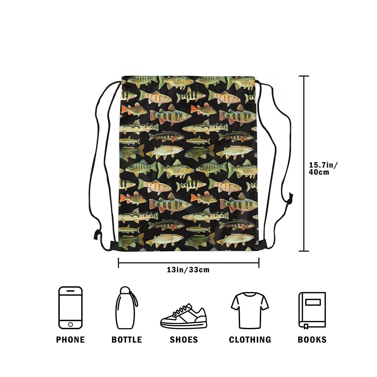 Fishing Drawstring Backpack 13×15.7inch Vintage Pike Fish Waterproof Gym Draw…