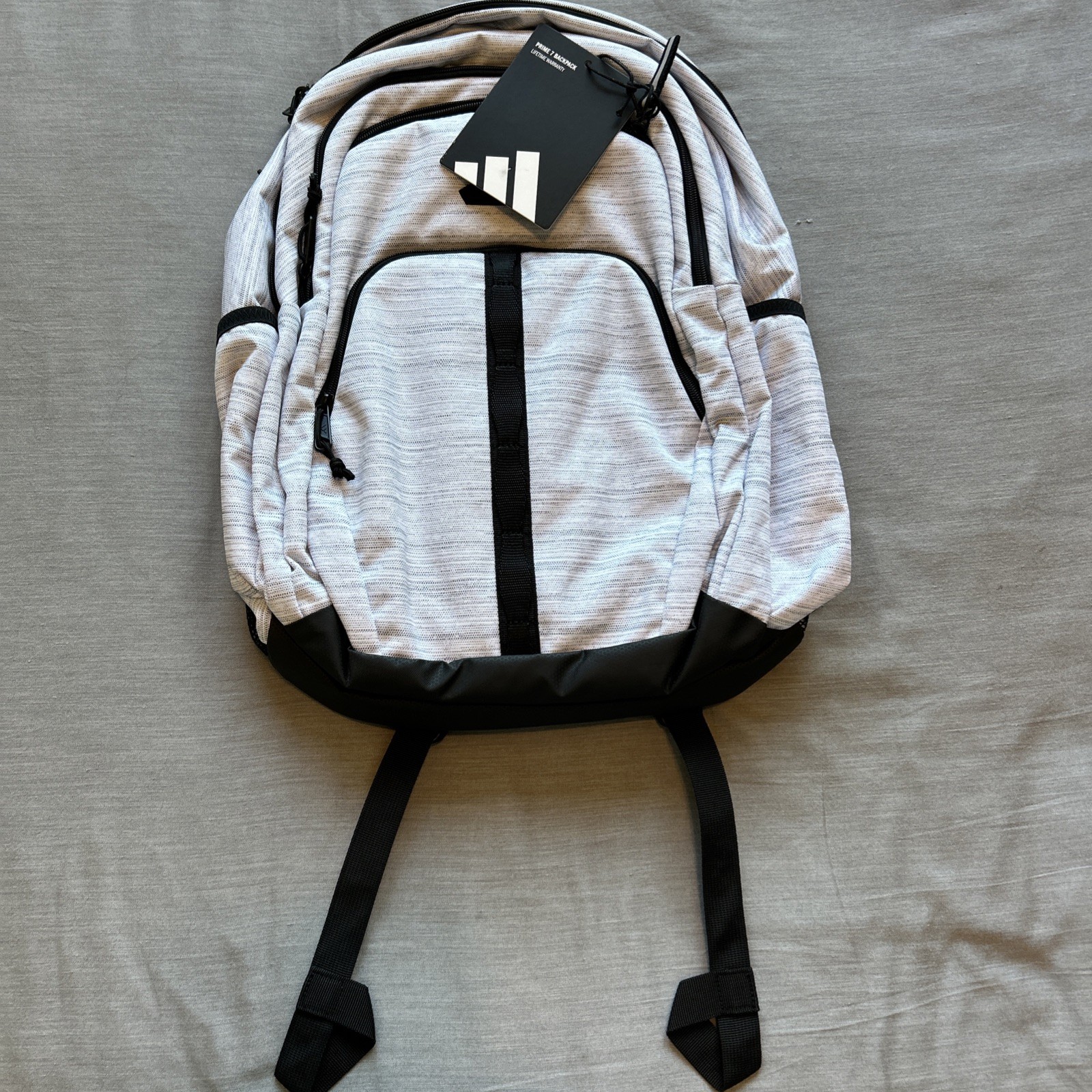 Adidas Prime 7 Backpack White Black fits 17″ Laptop Zippered Holds 32 oz Bottles
