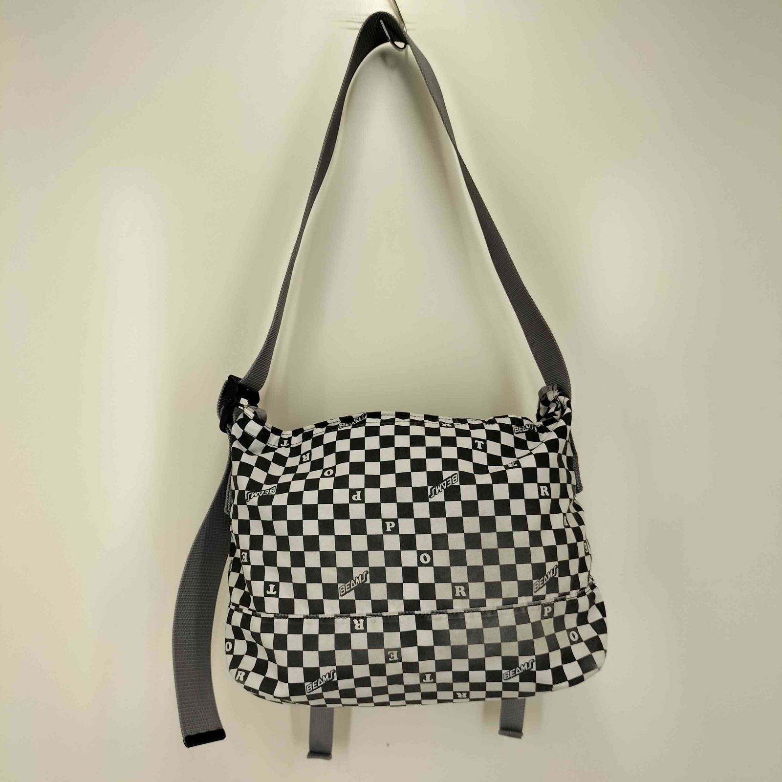 Authentic Porter Shoulder Bag Checkered Flag Black/White Fabric Men’s 41cm Wide,