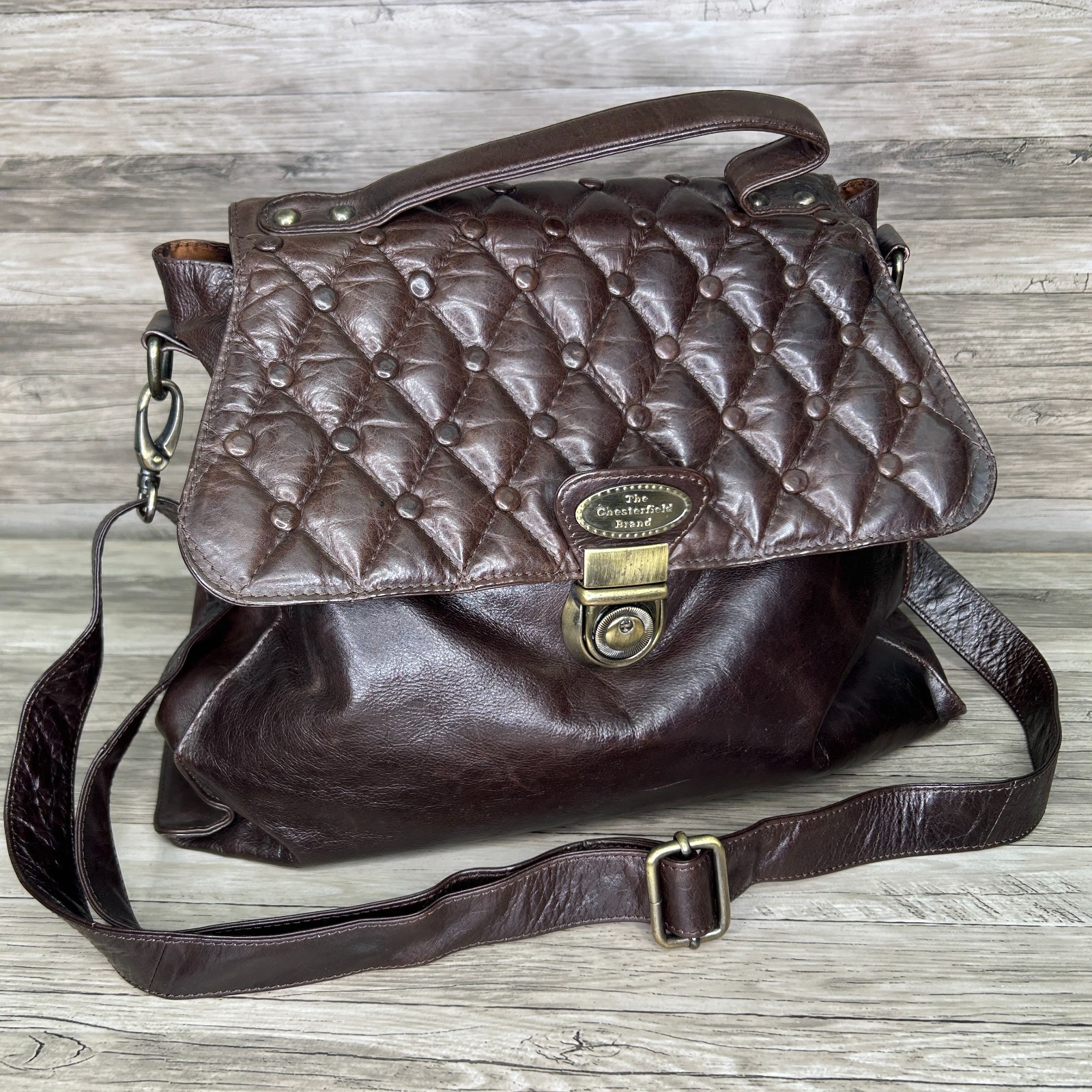 The Chesterfield Brand Brown Leather Messenger Satchel Bag Boho Quilted