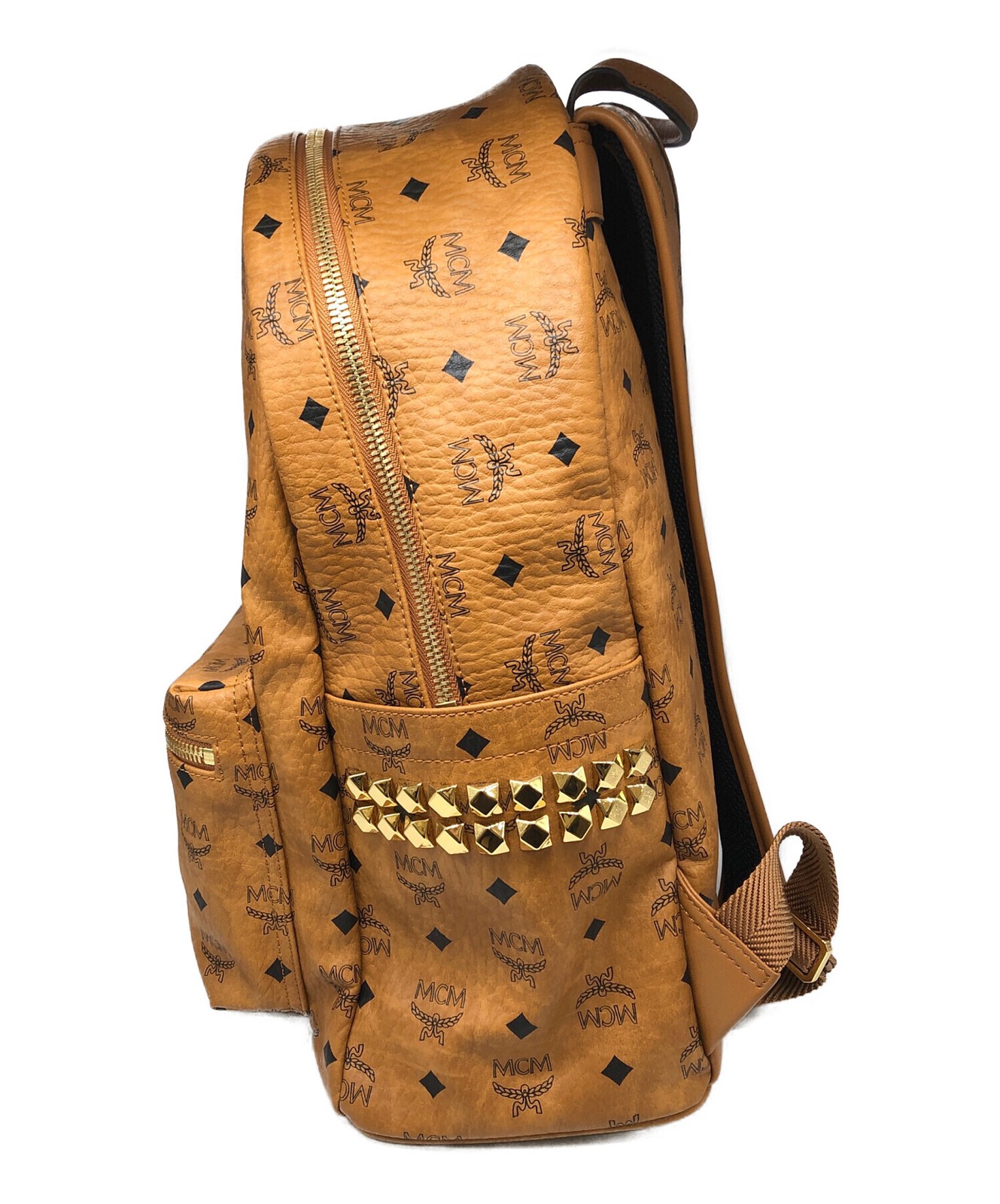 MCM Stark Visetos Brown Monogram Studded Leather Backpack Men Gold Tone 41cm