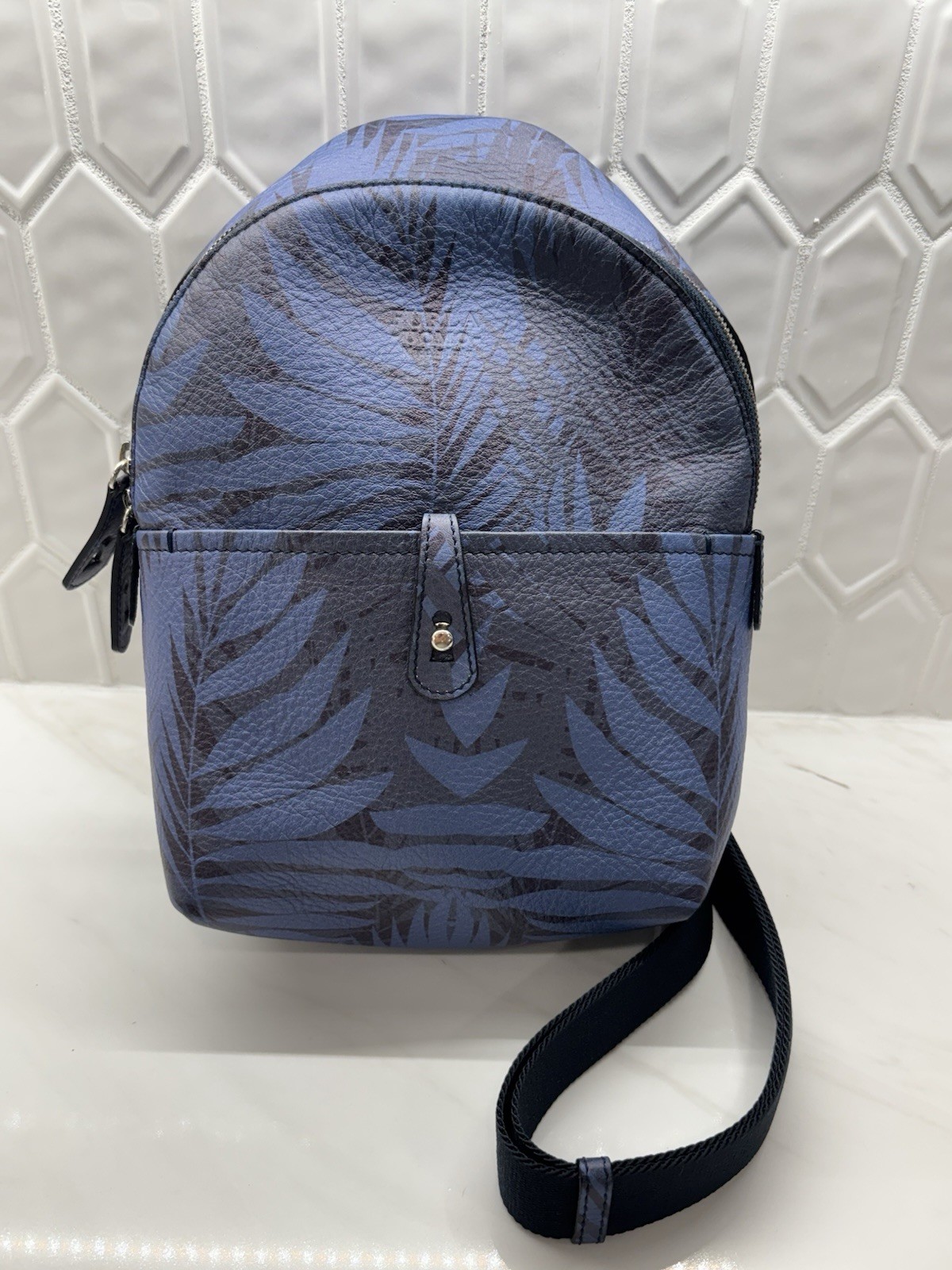Furla Uomo Made Italy Leather Crossbody Sling Backpack Blue Palm Print Bag