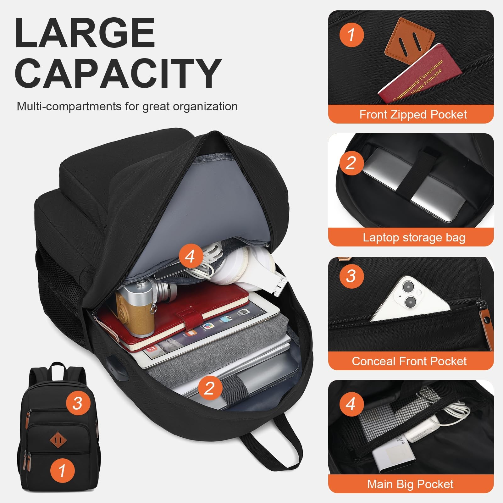 Black Laptop Backpack For Work College Travel Fits 15.6 In Computer Bag