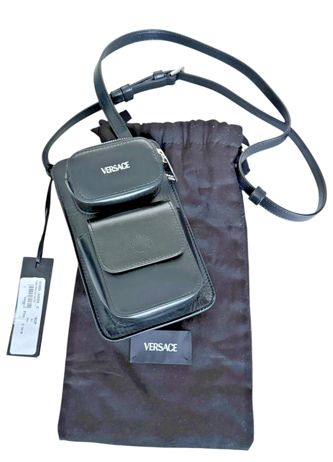 VERSACE 1013558 Phone Pouch Bag Black Calf Leather with lanyard