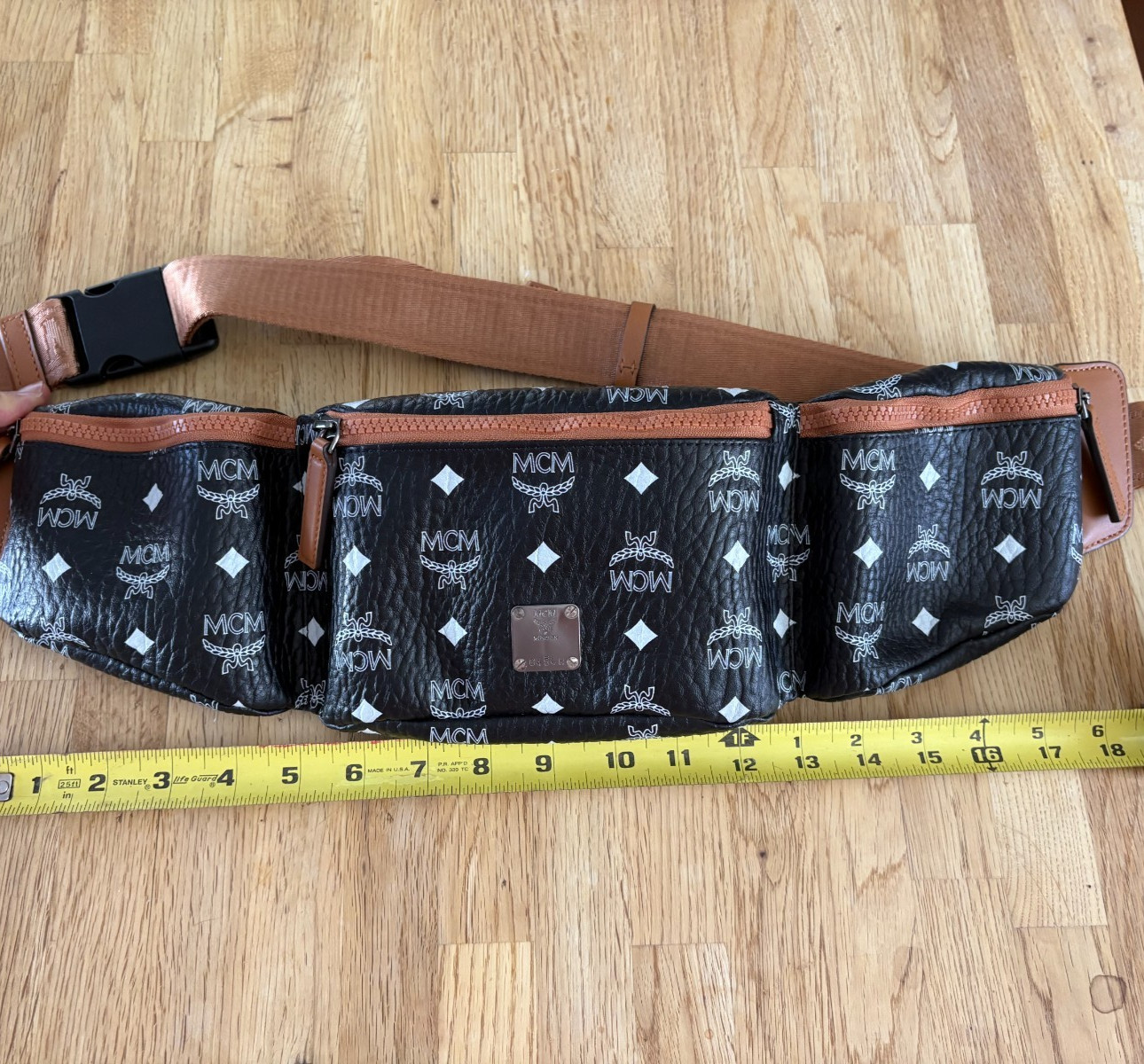 MCM Visetos 3 Pocket Belt Bag Black Cognac Sling Waist Pack Crossbody