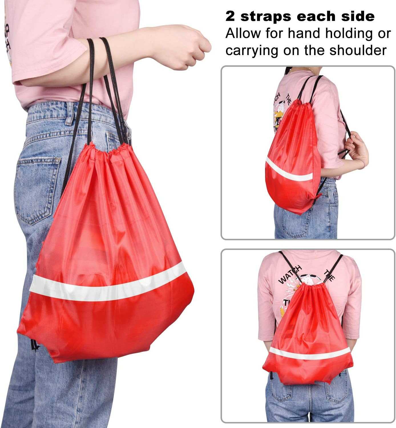 12 Pcs Red Drawstring Backpacks with Reflective Strips – Polyester, 15.7″ X 13.4