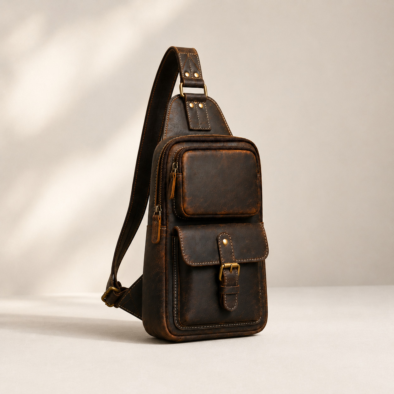 Mens Brown Leather Shoulder Backpack Custom Name Vintage Crossbody Sling Pack
