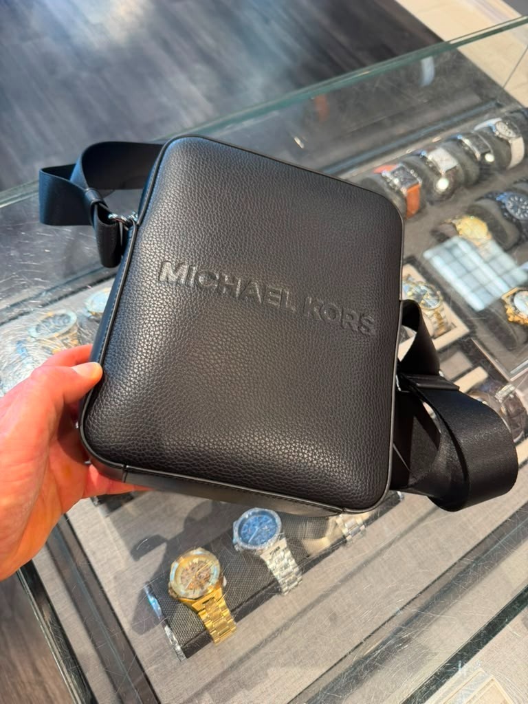 Michael Kors Cooper Men Leather Black Messenger Travel Bag Embossed Shoulder MK