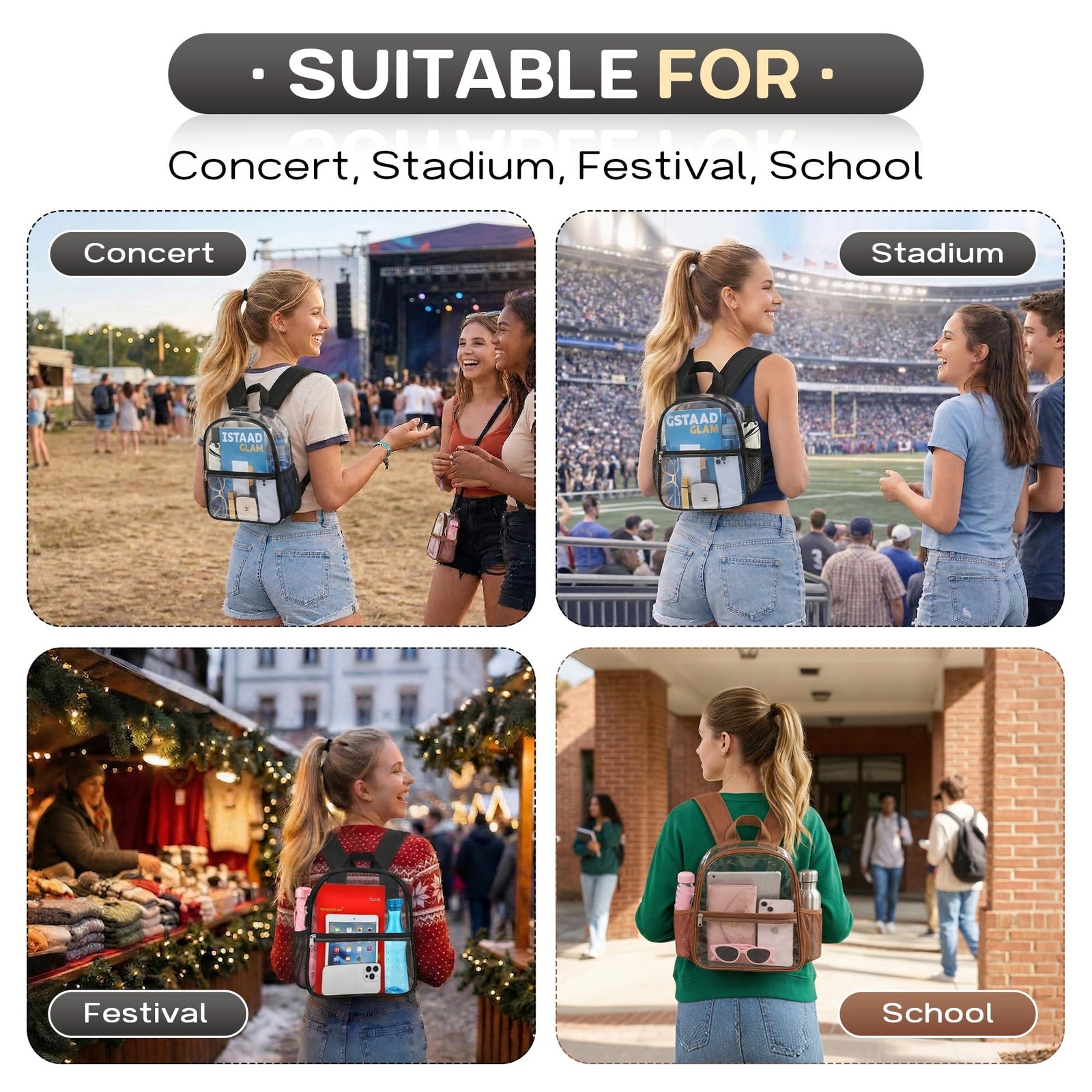 Clear Backpack Stadium Approved Waterproof Heavy Duty PVC 12x6x11 Concert Festiv