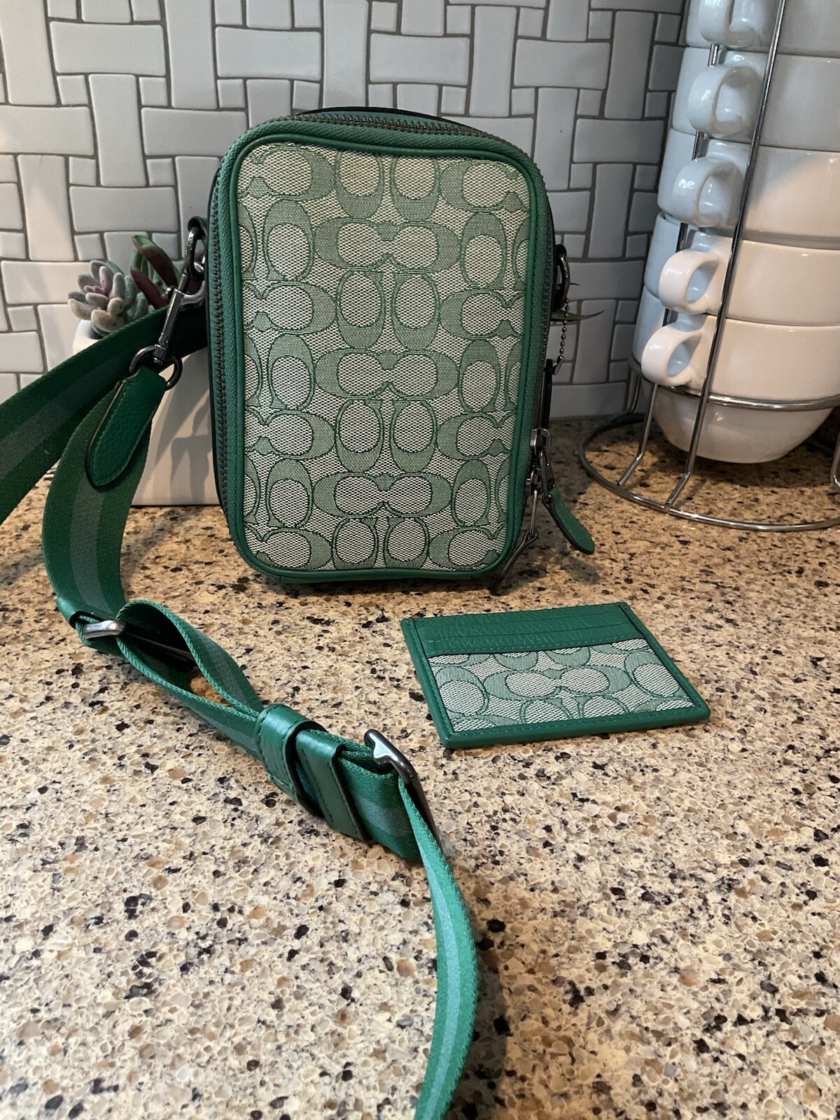COACH Stanton Crossbody In Signature Jacquard & Leather & Card Case Green C8237