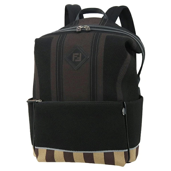 Auth Fendi Pecan Backpack Jacquard knit Leather 7VZ035 Black Brown Stripe Men