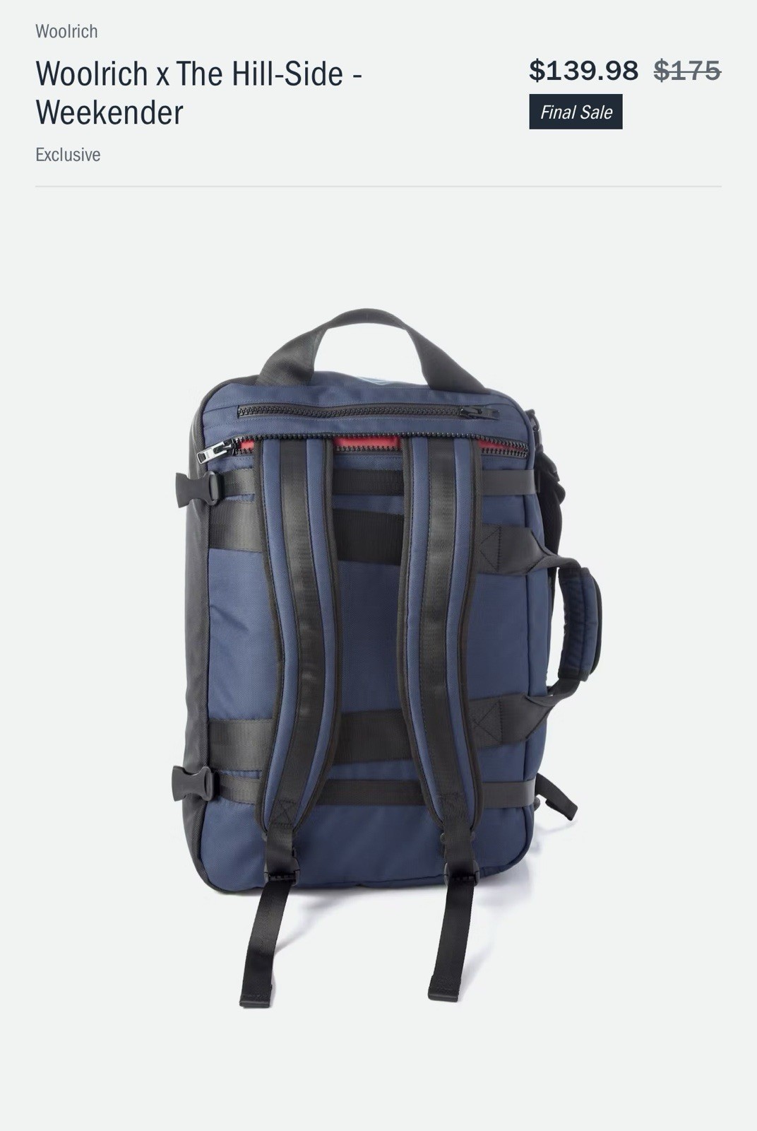 Woolrich x The Hill-Side Weekender Tote Travel Bag Blue Black Strap Backpack