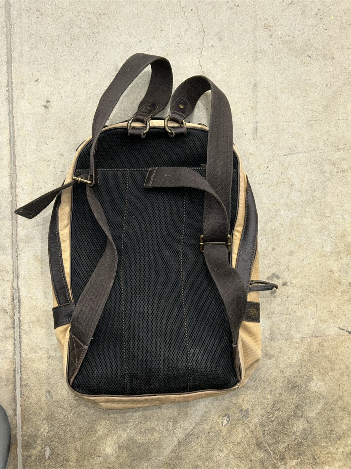 FOSSIL Estate Backpack Rugged Olive Canvas Brown Faux? Leather Trim Padded Zip