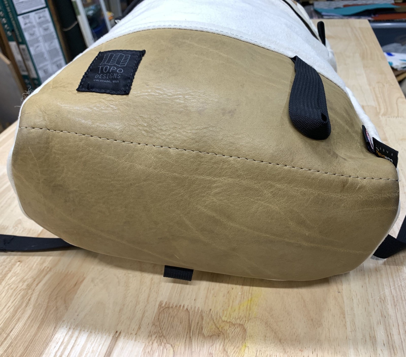 Topo Designs Daypack Backpack Off-White/Beige/Brown Leather USA-made Cordura