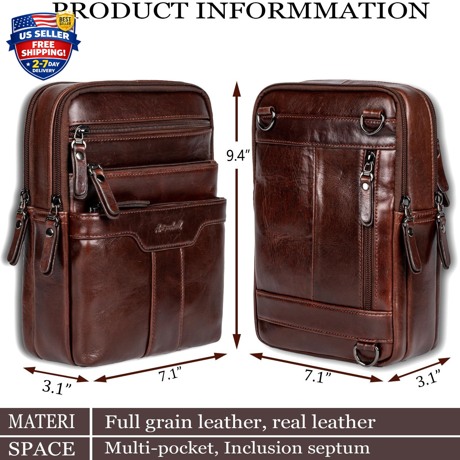 Leather Messenger Bag for Men, Small Leather Sling Shoulder Bag Messenger Pac