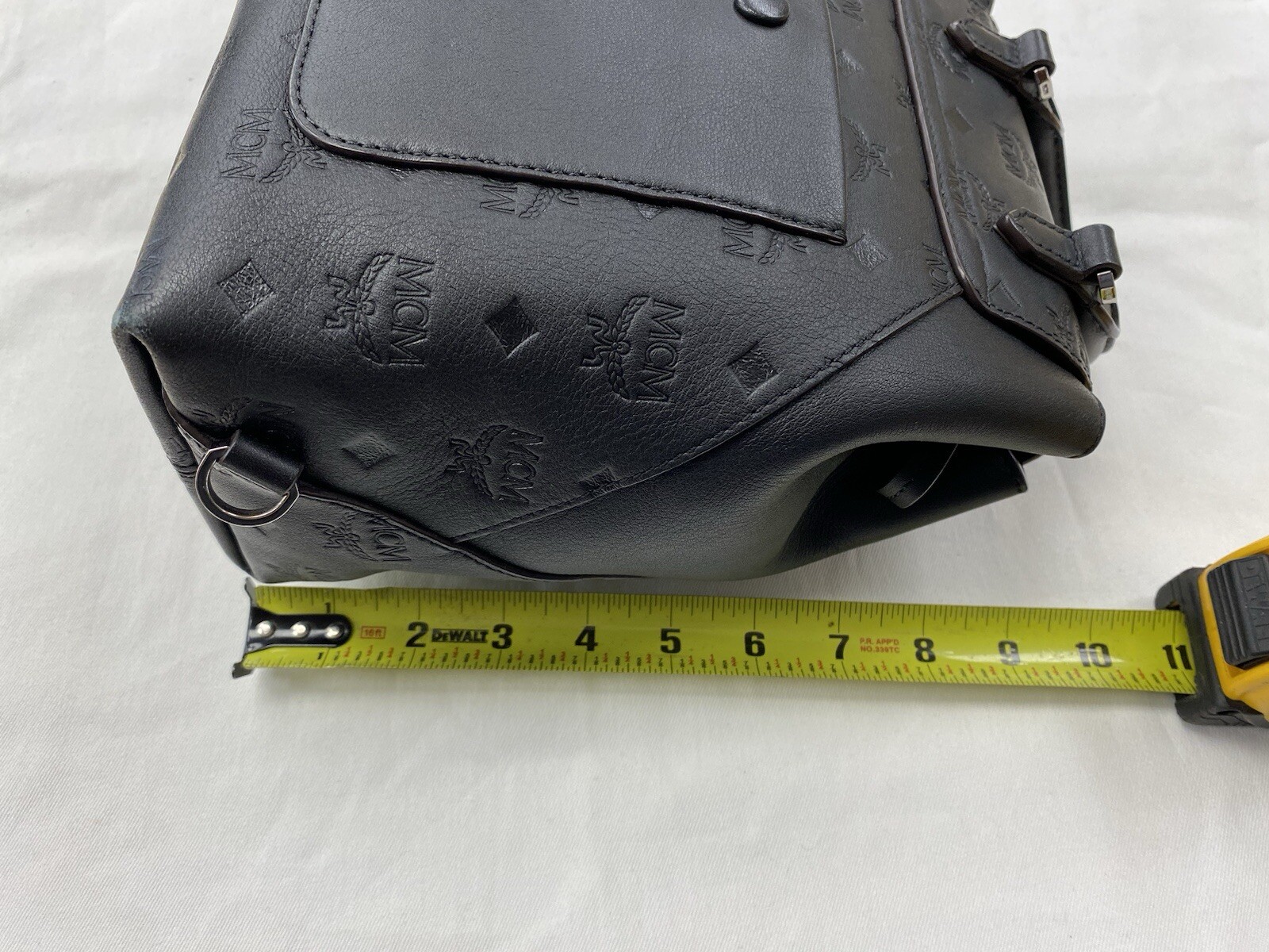 MCM Essential Monogram Leather Small Backpack In Charcoal 10×8.5×4.5 Dark Brown