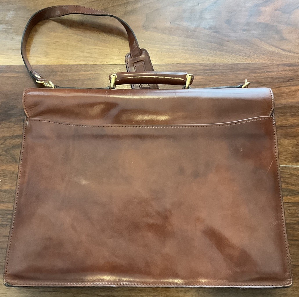 Bosca Brown Leather Men’s Briefcase/Document Case Top Handle Strap Push Lock