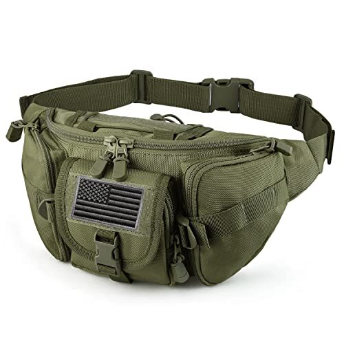 Tactical Fanny Pack Military Waist Bag Pack with USA Flag Patch Army green