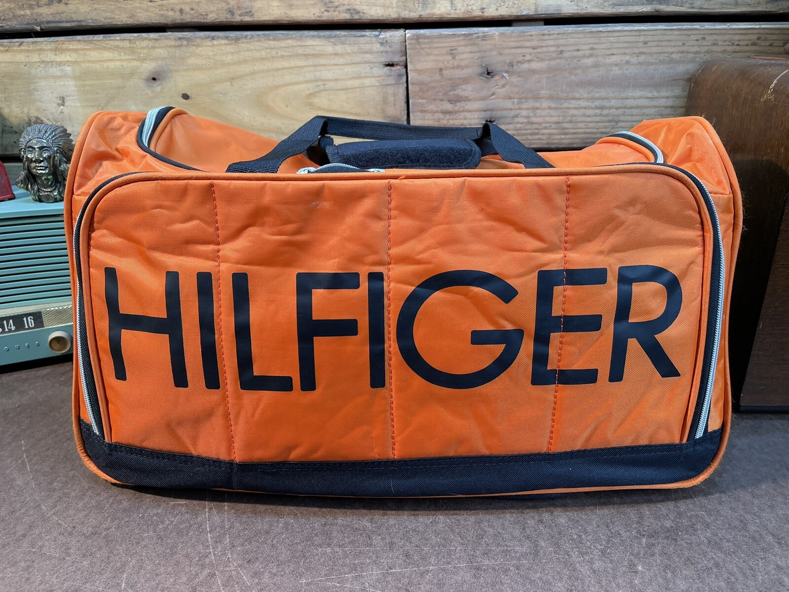 Rare Tommy Hilfiger Spellout Black and Orange Duffel Gym Bag 21 inches Long