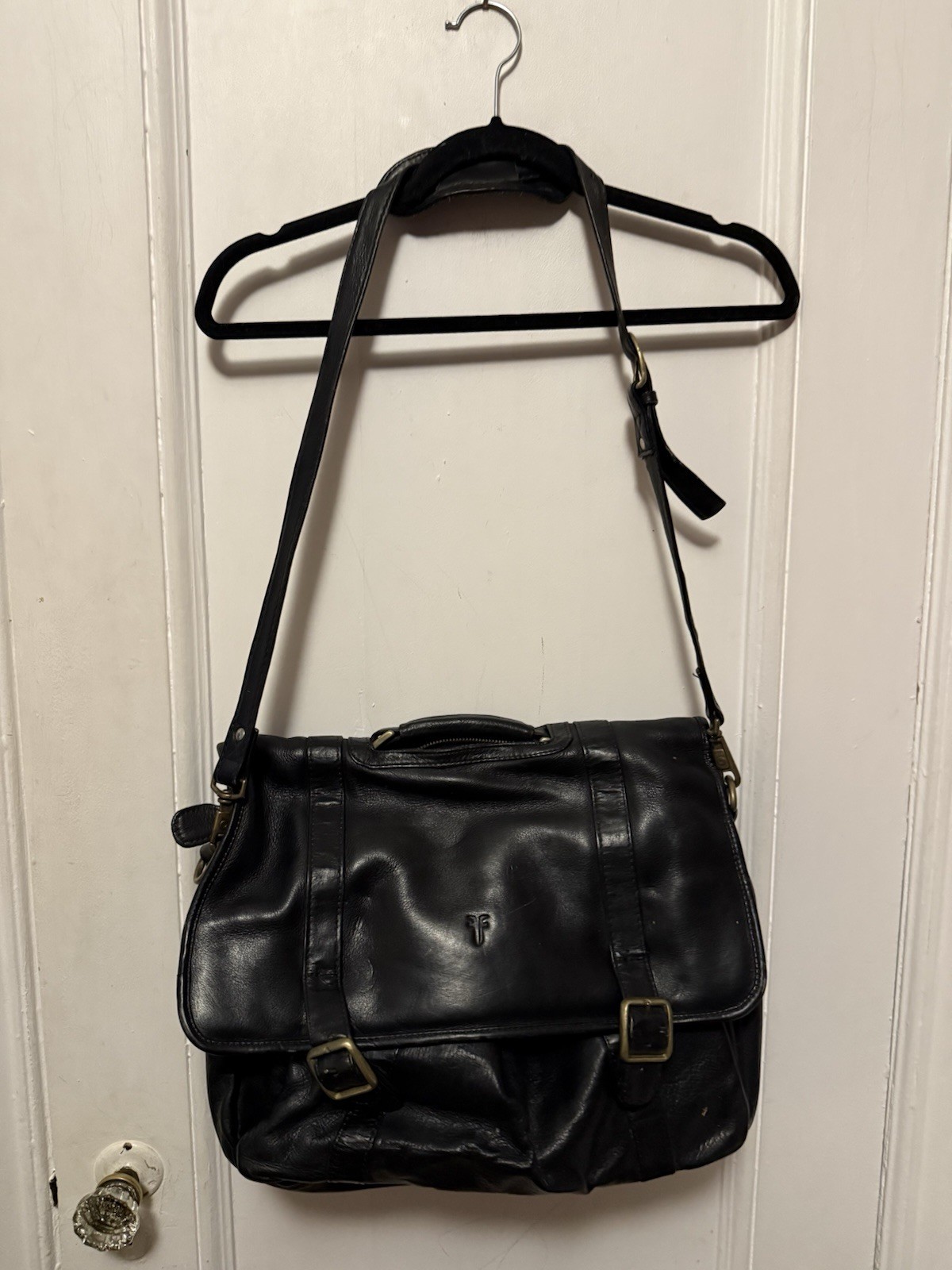 Unisex FRYE Black Leather Satchel Logan Case Organizer Zip Compartments