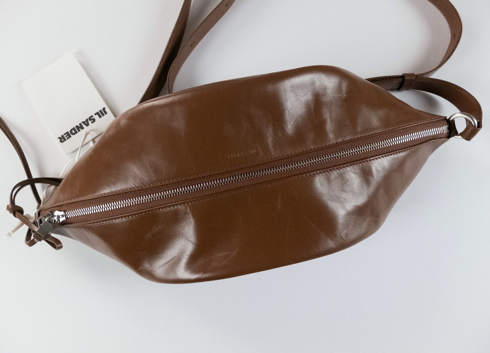 (NO CUSTOMS TAX) JIL SANDER medium brown leather Taco belt / crossbody bag NWT