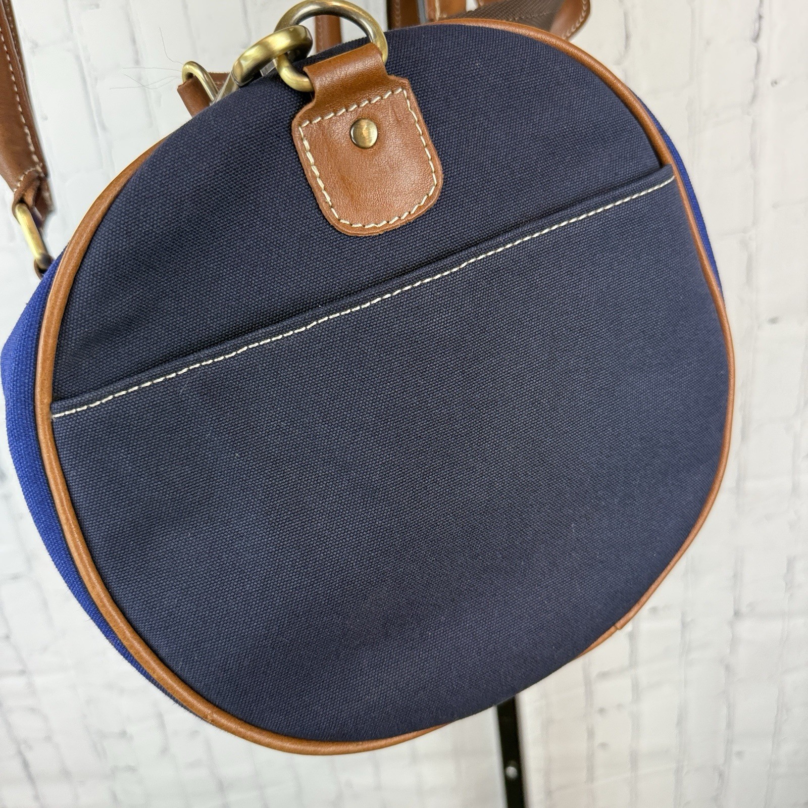F.H. Wadsworth NYC Blue Matron Fabric Brown Leather Trim Zip Duffle Bag New