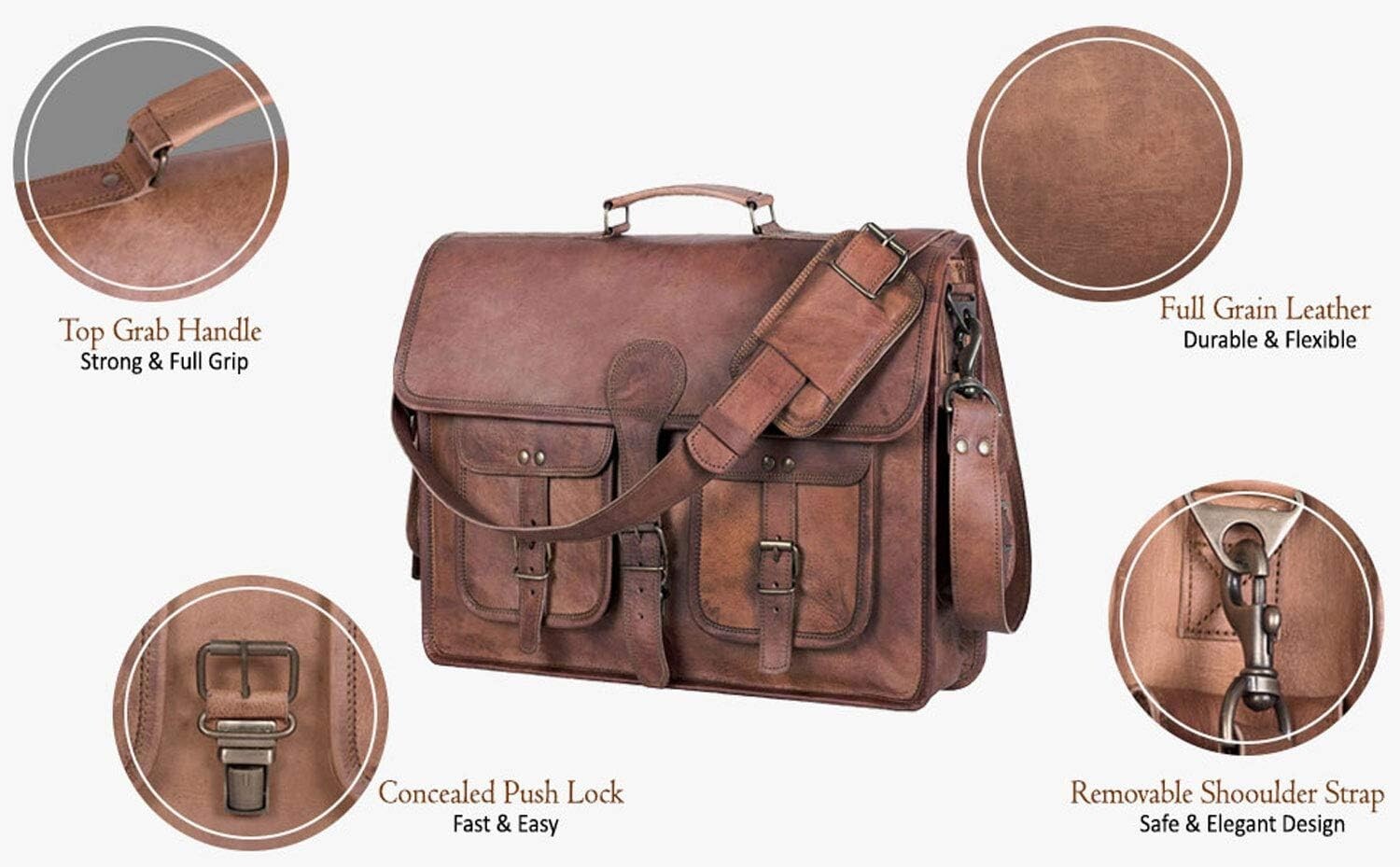 Stylish Leather Briefcase with Adjustable Strap – 18-inch Laptop Messenger