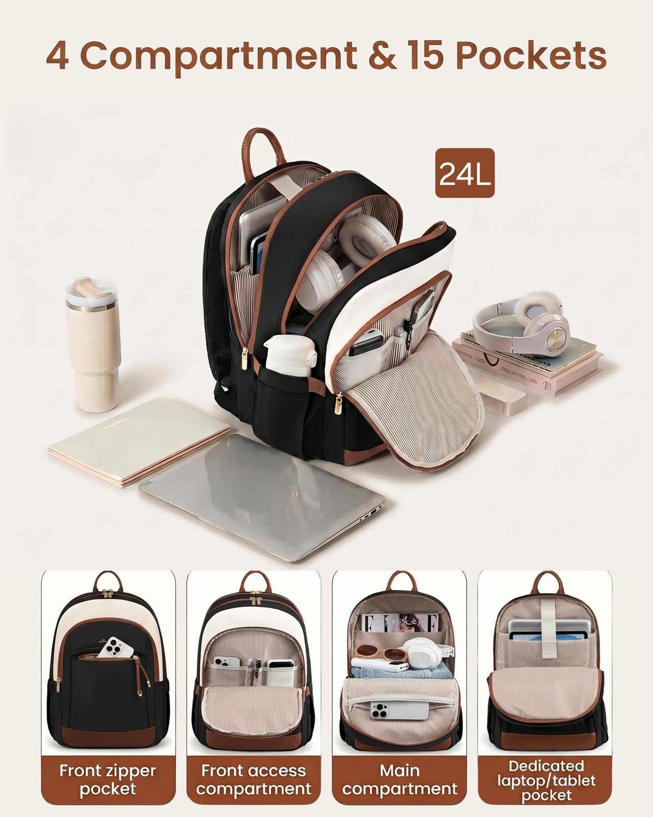 15.6 inch Waterproof Laptop Backpack for Women, Large Black Travel Daypack