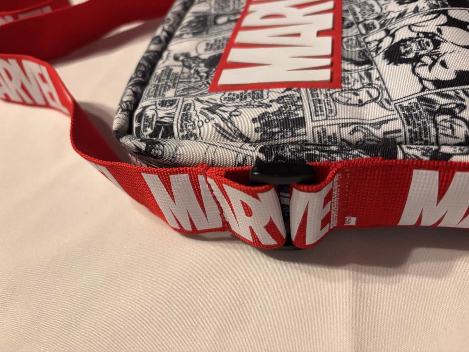 Marvel Comic Print Small Crossbody Bag Zip Closure, Adjustable Red Strap