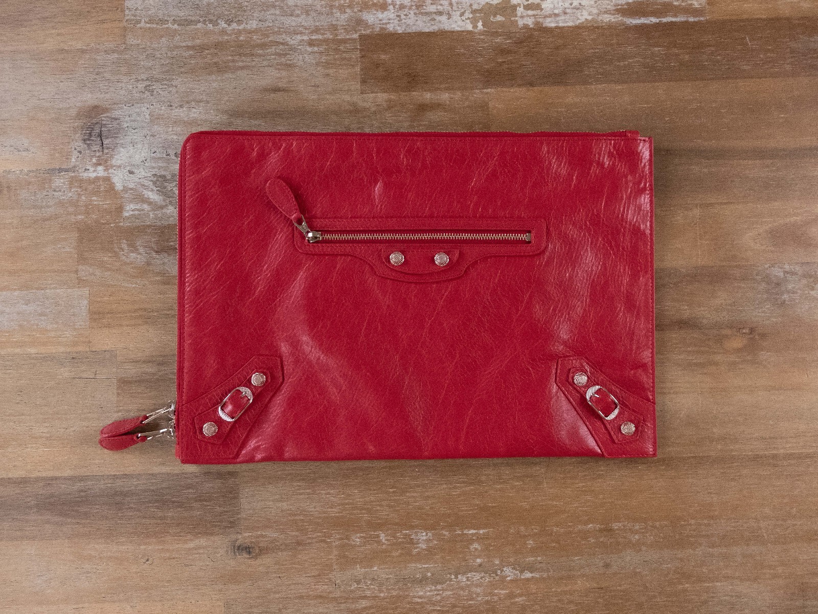 (NO CUSTOMS TAX) BALENCIAGA Moto City red leather zip-around document holder bag