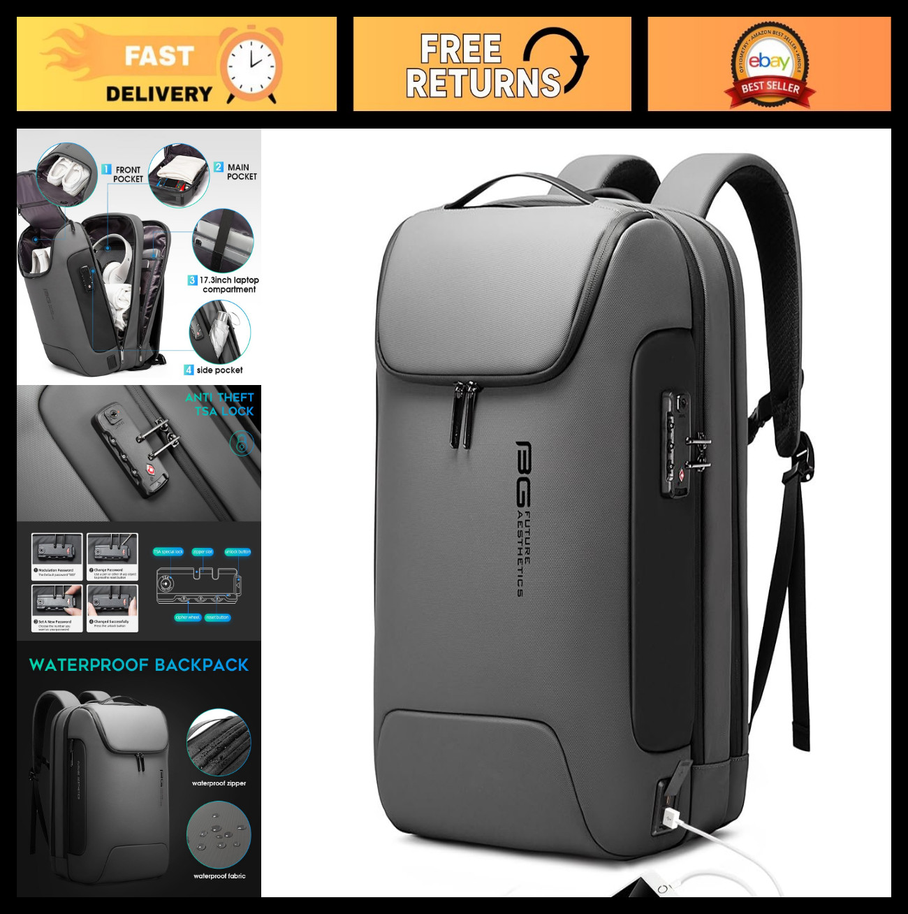 Anti-Theft Waterproof Backpack with TSA Lock, YKK Zipper, Fits 17.3″ Laptop